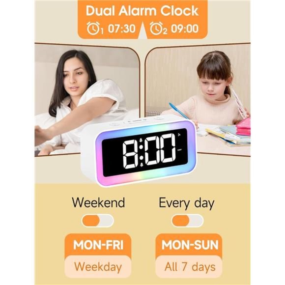 Loud Alarm Clock for Bedrooms with Dynamic RGB Night Light,Heavy Sleepers Adults - Picture 4 of 6